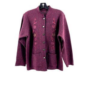 Wine Burgundy Embroidered Knit Button Cardigan Sweater Jacket Pockets Size Large
